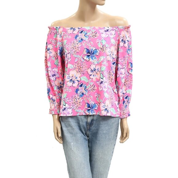 Lilly Pulitzer Lessa Blouse Top Off The Shoulder Smocked Floral Printed L 282319 - Picture 3 of 7